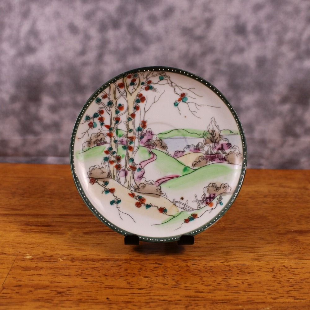 Vintage Decorative Plate Hand Painted Landscape Tree Cottagecore Wall Decor